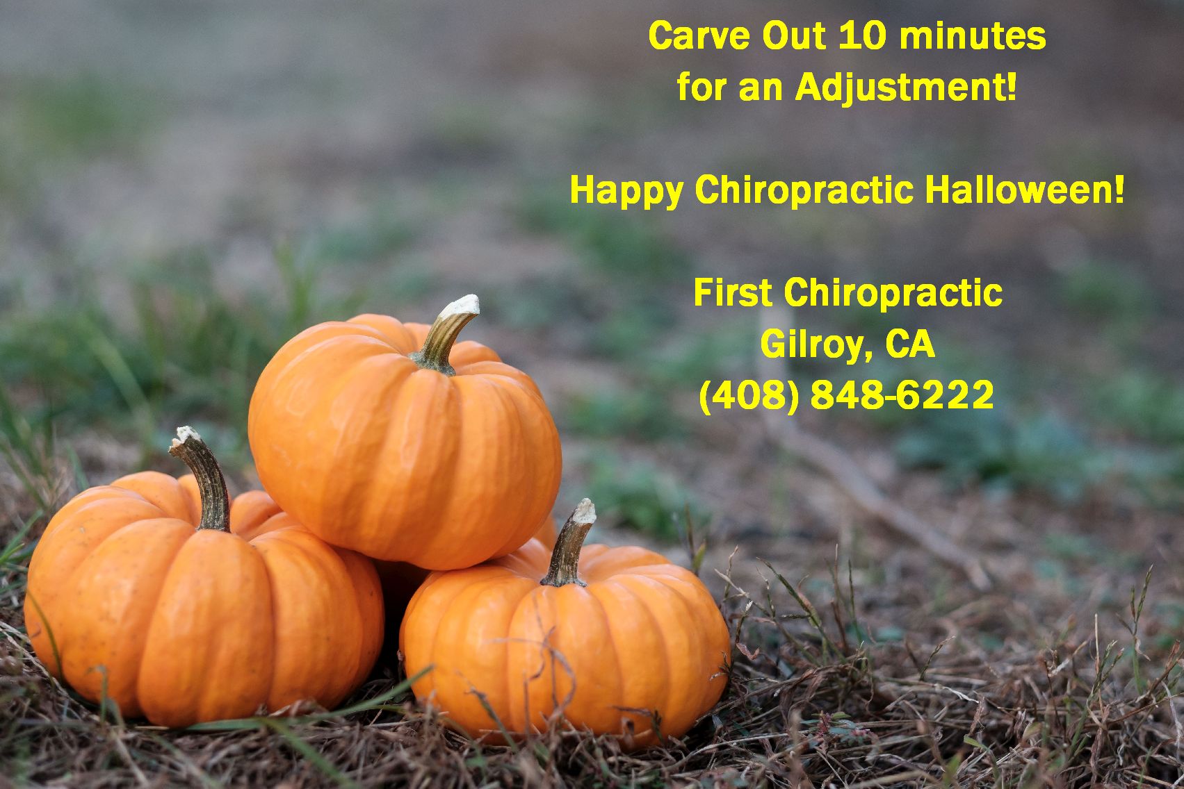 3 Pumpkins + caption - Chiropractic Halloween - Carve Out 10 Minutes for an Adjustment